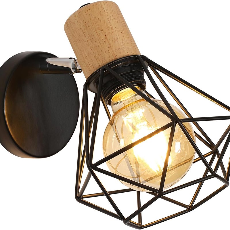 Kinkiet Vintage Industrial, obrotowy drewniany kinkiet, czarna metalowa lampa klatkowa z żelaza do sypialni, przedpokoju i salonu