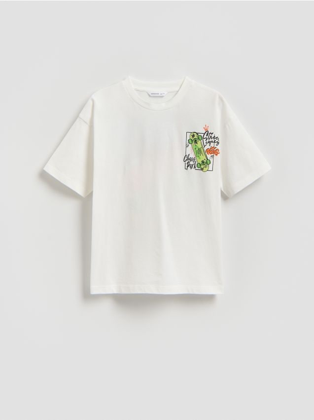 Reserved - Bawełniany t-shirt z nadrukiem - złamana biel