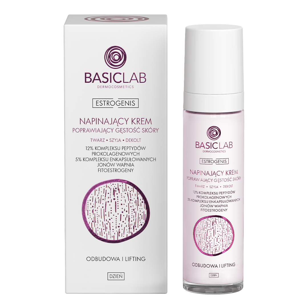 BasicLab Estrogenis Odbudowa i Lifting, napinający krem poprawiający gęstość skóry do twarzy, szyi i dekoltu, na dzień, 50 ml
