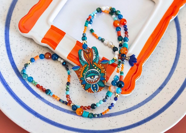 Długi naszyjni ręka Fatimy pomrańcz turkus