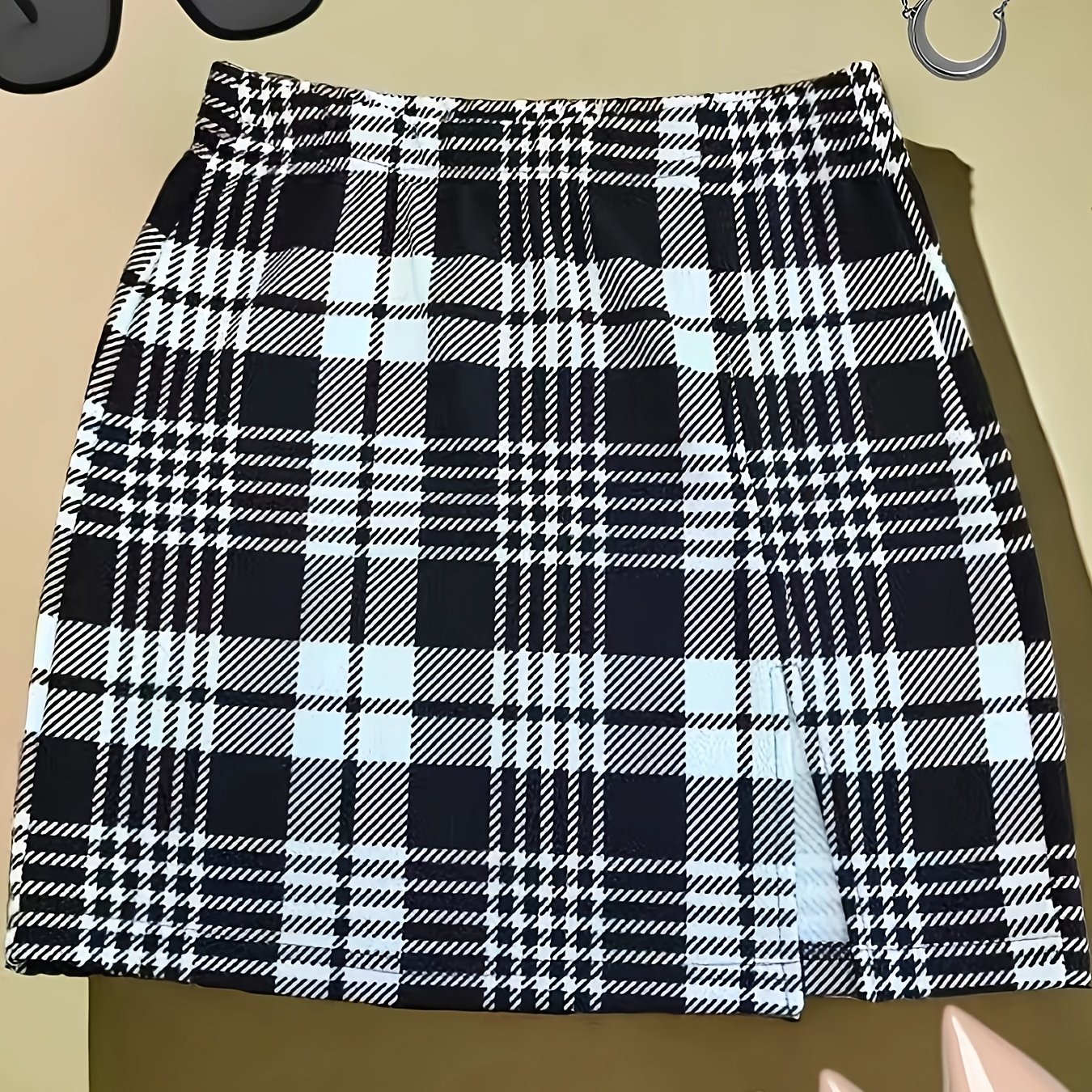 TEMU Elegancka damska spódnica z wysokim stanem w kratkę - czarno-biała kratka, krótka długość, bez paska, idealna na wiosnę/jesień, stylowa odzież