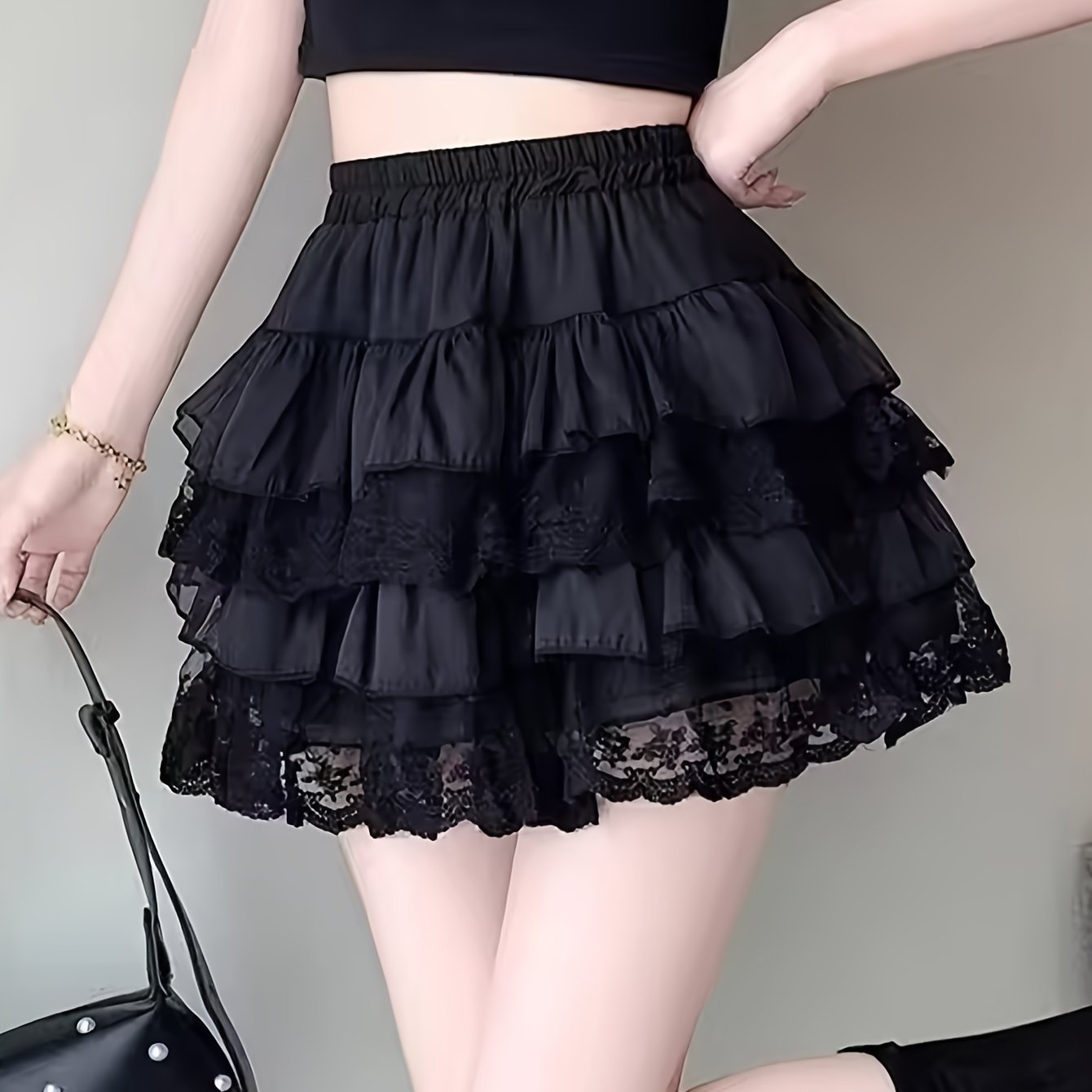 TEMU Spódnica Y2K w Gotyckie Koronkowe Wzory dla Kobiet, Seksowna Mini Spódnica z Tiulu z Czarnymi Detalami z Siatki, Spódnica Tancerki na Imprezę