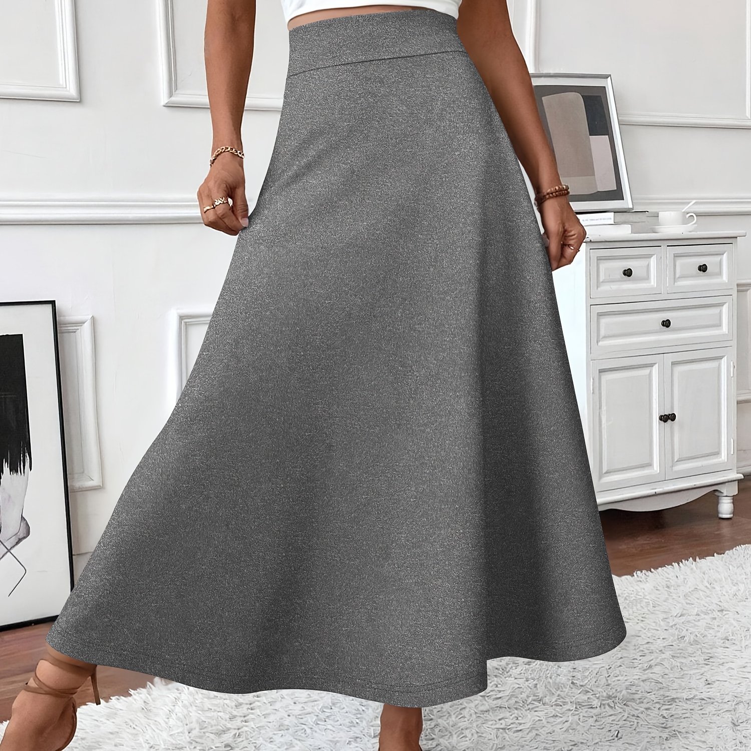 TEMU INS Modna Spódnica w Linię A z Wysokim Stanem na Jesień 2025 dla Kobiet, Rozciągliwa z Rozkloszowanymi Biodrami, Eleganckie Drapowanie dla