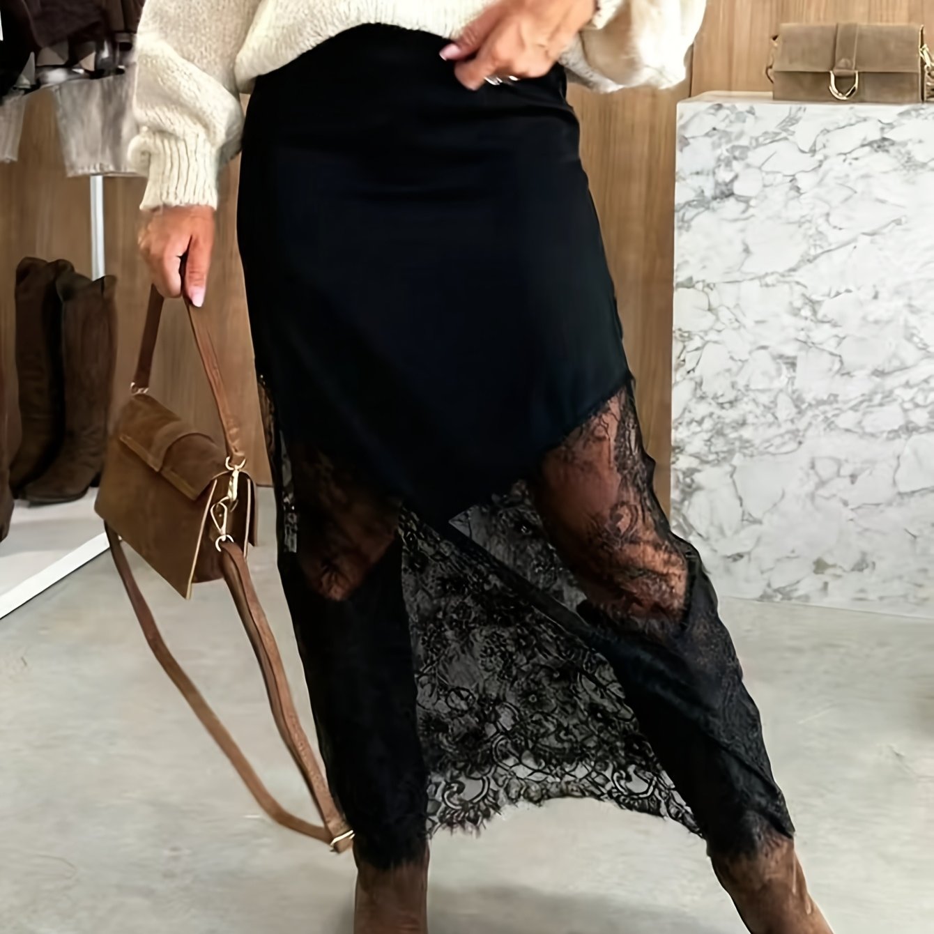 TEMU Elegancka Sukienka z Jednokolorowej Tkaniny z Koronkowym Panelem, Dopasowana Spódnica do Stroju Codziennego