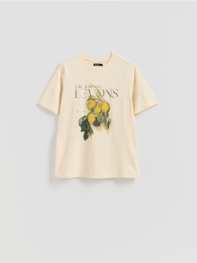 Reserved - T-shirt z połyskującym nadrukiem - kremowy