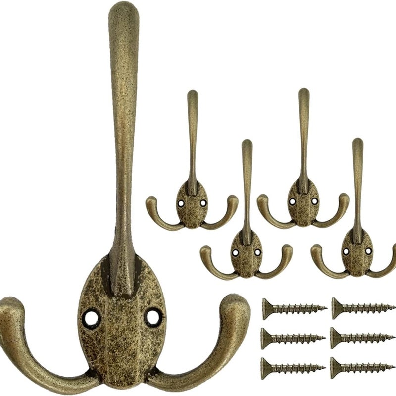 Wieszaki Ścienne Vintage, 5 Potrójnych Metalowych Haczyków Ściennych do Wieszania Ubrań, Kurtek, Szlafroków, Ręczników, Czapek, Kluczy, Torebek, Brązo