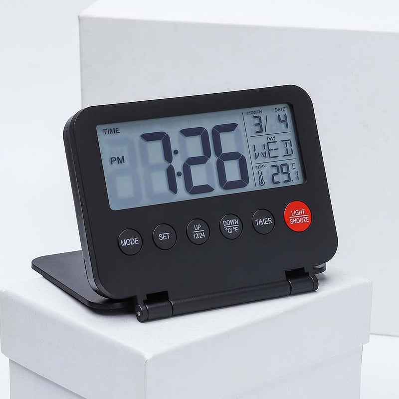 Składany cyfrowy budzik podróżny z kalendarzem, temperaturą, minutnikiem, ekranem LCD, drzemką, 12/24h, odliczaniem, zasilany bateryjnie, na biurko, d