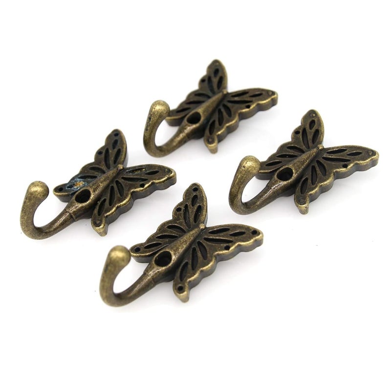 4 szt. zabytkowych mosiężnych wieszaków ściennych w kształcie motyla do płaszczy, czapek, ręczników (długość 3,5 cm, szerokość 5,5 cm)