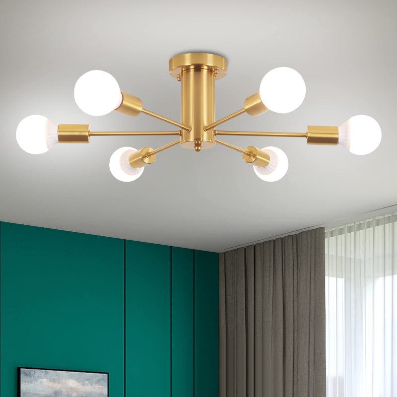 Plafon półprzyklejany, plafon z 6 głowicami, nowoczesny żyrandol Sputnik, lampy wiszące w stylu mid-century, kolor złoty (żarówka nie jest dołączona)