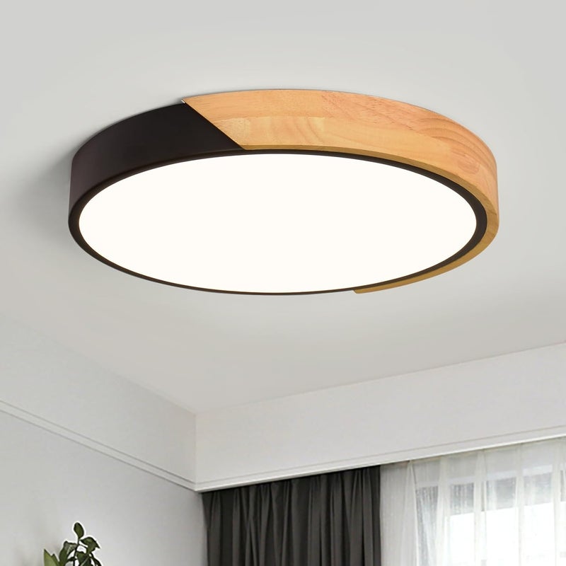 Nowoczesny plafon LED, Plafon z czarnego drewna 30 cm, Okrągły plafon 24W do salonu, sypialni, kuchni, korytarza 4000K