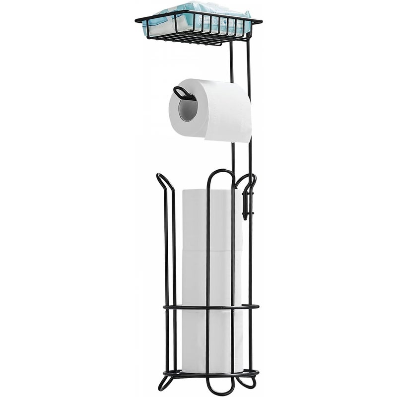 Czarny stojak na papier toaletowy z górną półką, uchwyt na ręczniki papierowe do łazienki z dyspenserem i schowkiem.
