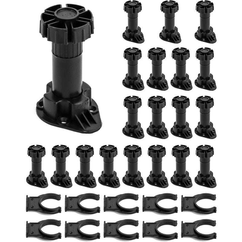 Zestaw 20 plastikowych nóżek meblowych (ABS), nóżki do mebli kuchennych, z 10 uchwytami, zakres regulacji: 100-120 mm. Czarne