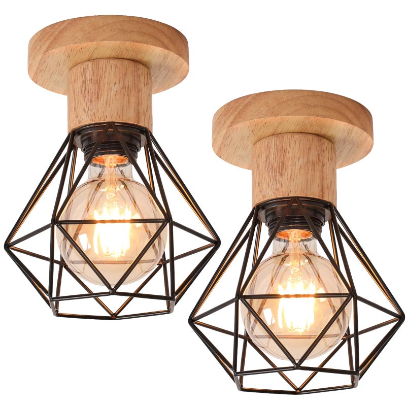 Zestaw 2 industrialnych lamp sufitowych E27, wisiorek vintage, retro metalowa klatka lampa sufitowa, oświetlenie sufitowe do salonu i kuchni, czarna