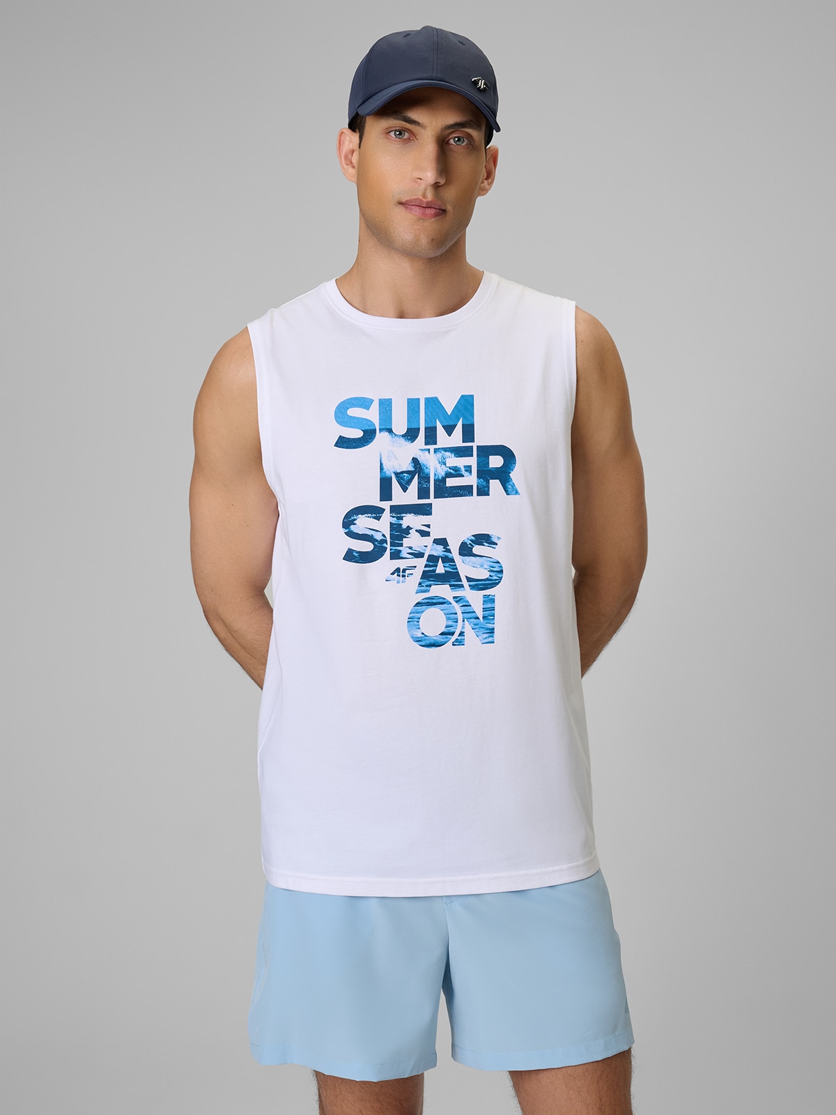 4F Koszulka bez rękawów regular z nadrukiem męska - biała XXL