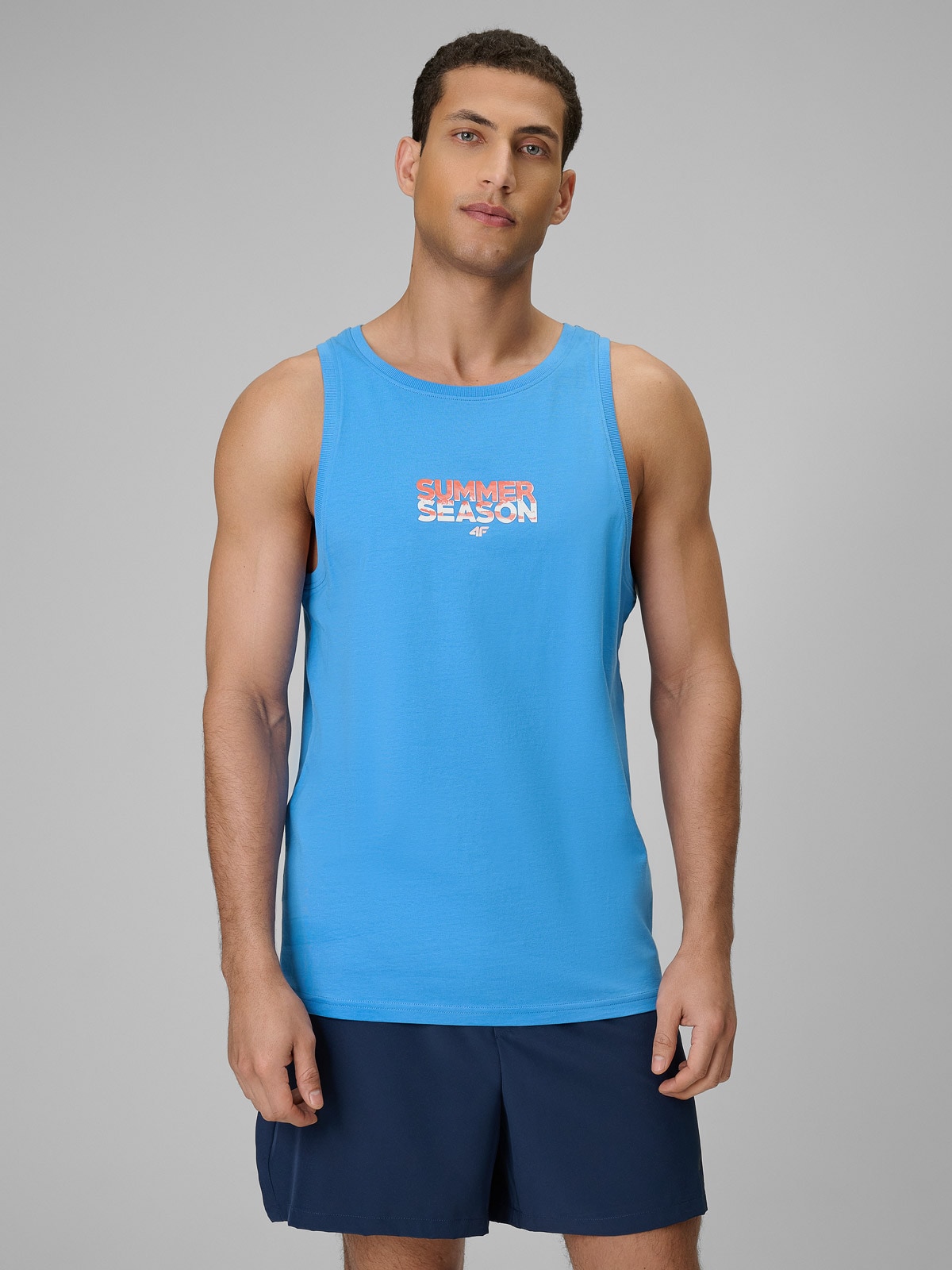 4F Koszulka bez rękawów regular z nadrukiem męska - niebieska XXL