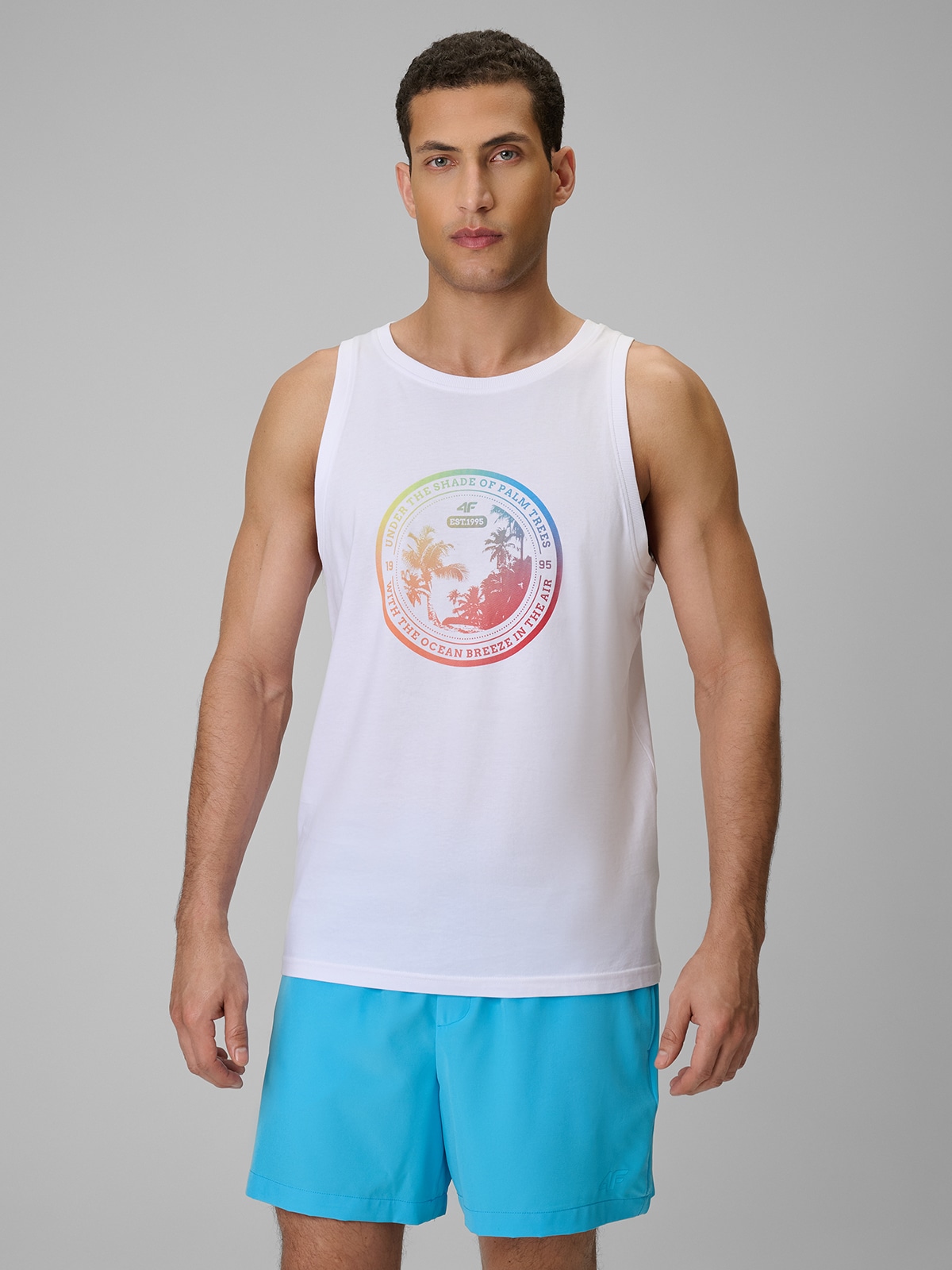 4F Koszulka bez rękawów regular z nadrukiem męska - biała XXL