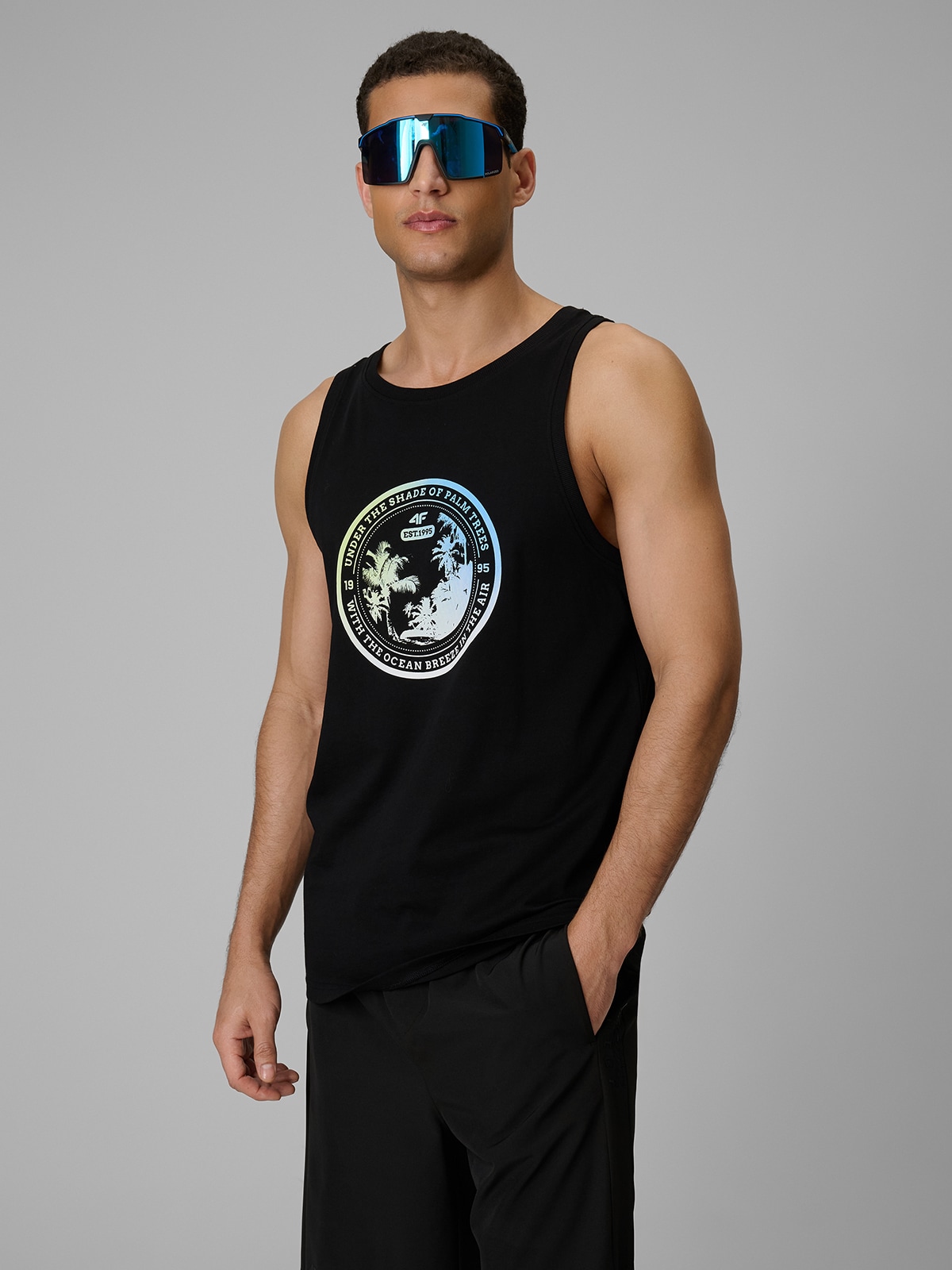 4F Koszulka bez rękawów regular z nadrukiem męska - czarna XXL