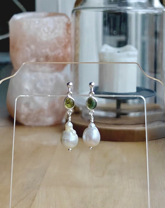 Kolczyki srebrne Perła barokowa z turmalinem