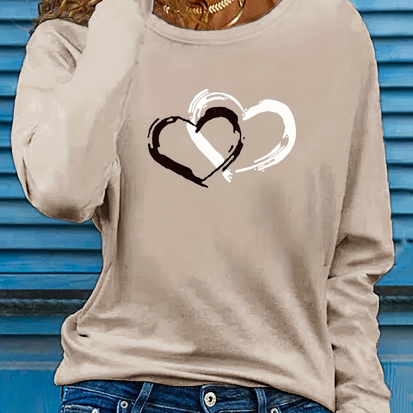TEMU T-shirt z nadrukiem graficznym, długi rękaw, okrągły dekolt, casualowa bluzka na wiosnę i jesień, odzież damska