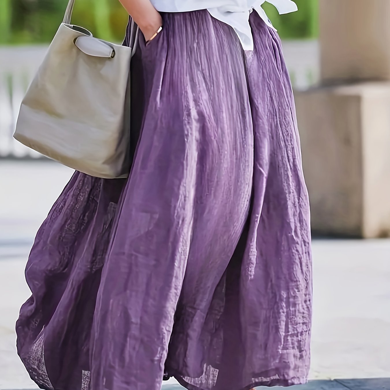 TEMU BK031606 Długa sukienka damska w stylu retro w kolorze lawendowo-fioletowym - oddychające włókno, luźny krój z kieszeniami, elegancki i swobodny