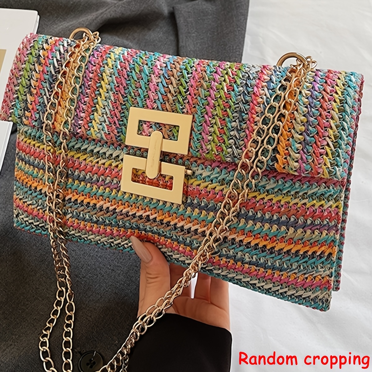 TEMU Elegancka damska torebka crossbody w paski Regulowany pasek na ramię, wielokolorowa tkanina, marka Perfect Lily, idealna na codzienne dojazdy