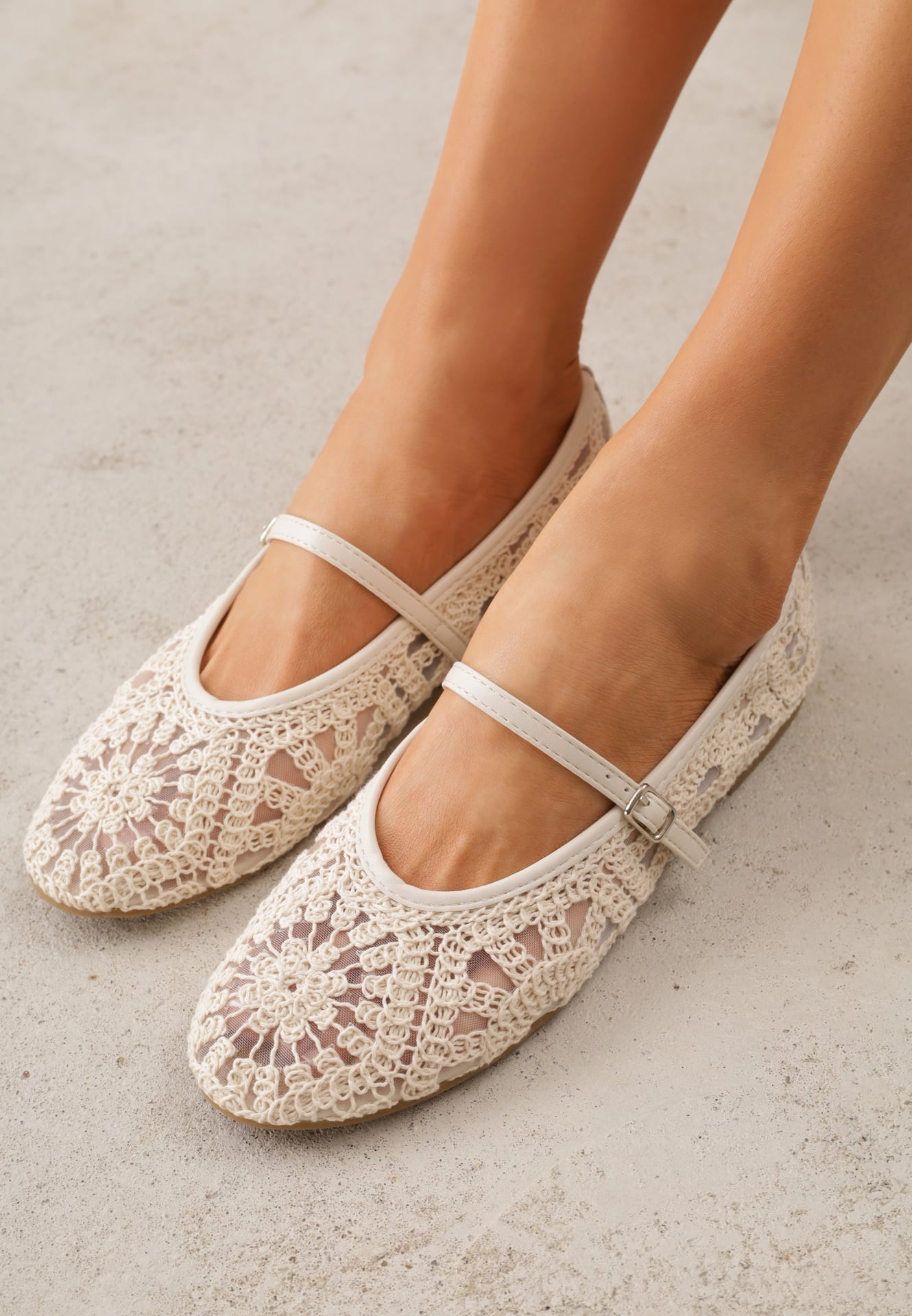 Beżowe Plecione Balerinki Boho w Stylu Mary Jane z Siateczki Raithea