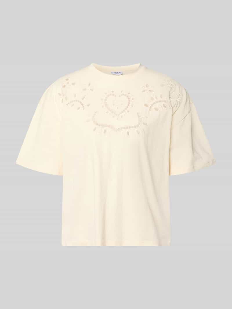 t-shirt z haftem angielskim i okrągłym dekoltem