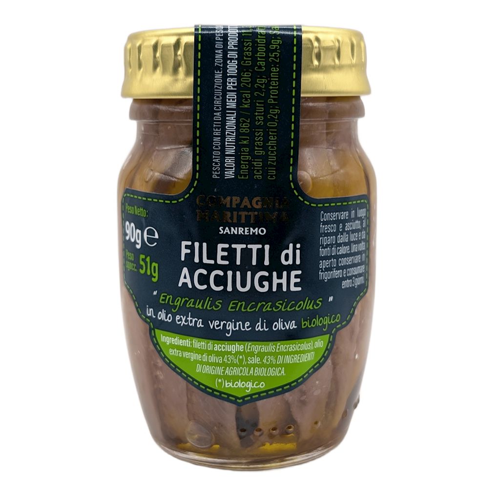 Compagnia Mediterranea Anchois (sardele) filety w oliwie z oliwek extra virgin (słoik) 51 g Bio - żywność