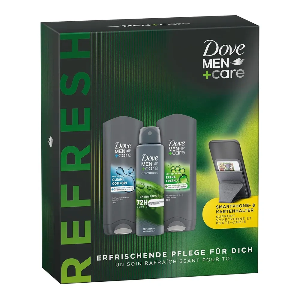Dove Men+Care Refresh zestaw kosmetyków żel pod prysznic 2 x 250 ml + antyperspirant w sprayu 150 ml + podstawka do telefonu