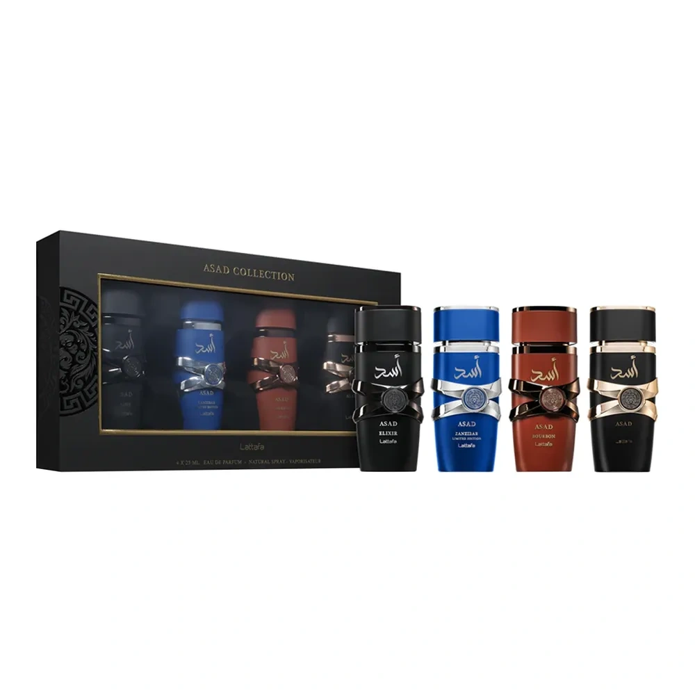 Lattafa woda perfumowana spray Asad 25 ml + Asad Elixir 25 ml + Asad Bourbon 25 ml + Asad Zanzibar 25 ml