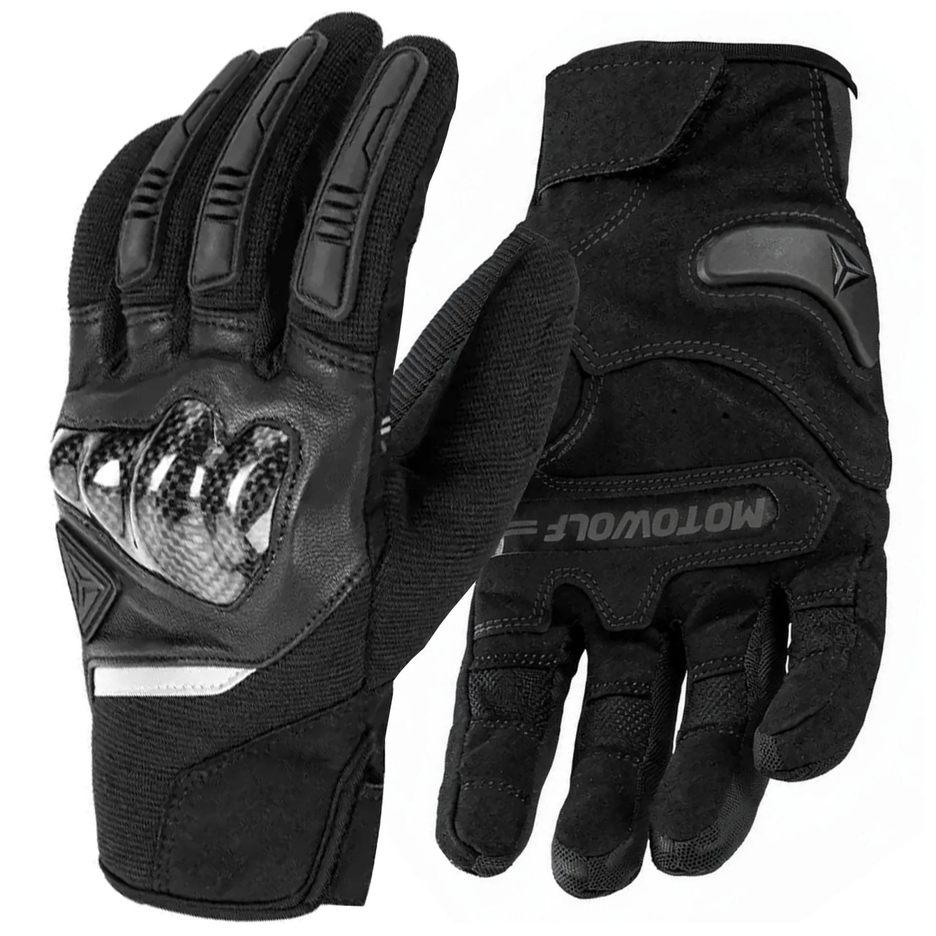 Rękawice motocyklowe (L) MOTOWOLF MDL 0333B – z długimi palcami, oddychające, Carbon + Kevlar, dotykowe, całoroczne, ochraniacze kostek, Czarne
