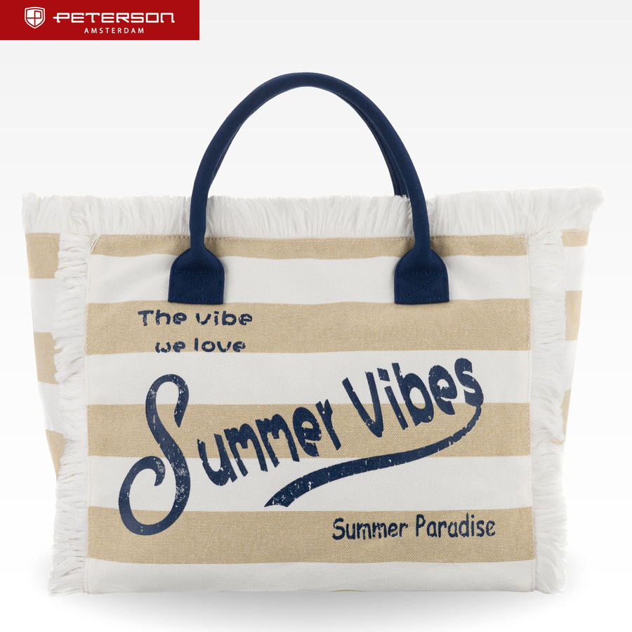 Torba plażowa duża na suwak biało - beżowa shopper bag - Peterson