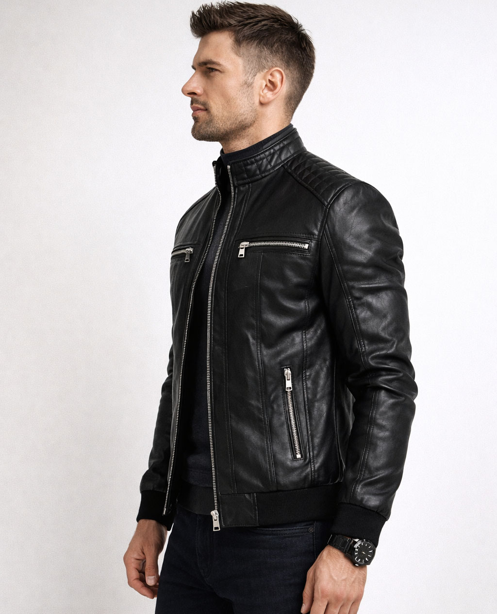Czarna kurtka męska skórzana z stójką Recea
