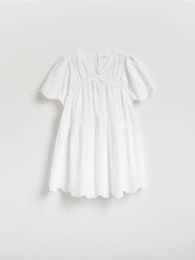 Reserved - Bawełniana sukienka z haftem - biały