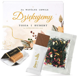 Podziękowanie dla gości upominek ślub wesele komunia chrzest zestaw herbata krówka czekolada w pudełku z nadrukiem