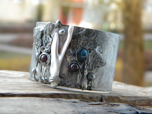 Perła / labradoryt / granat - roślina - BRANSOLETA MANKIET CUFF