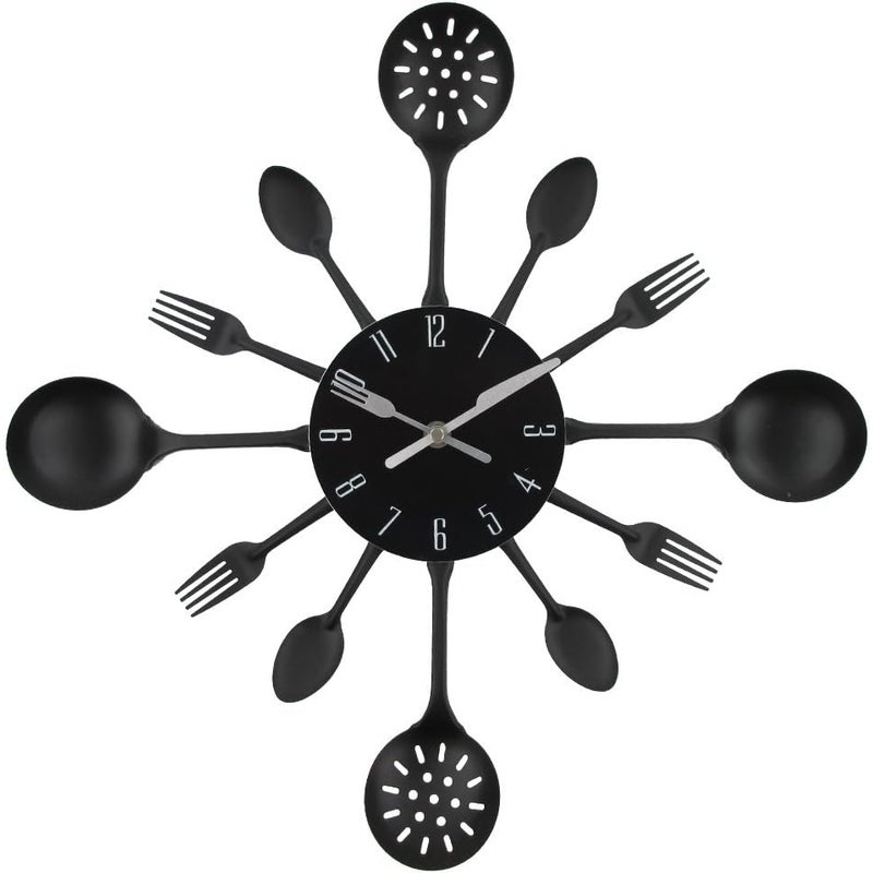 Metalowy zegar ścienny (40 cm) - Sztućce kuchenne, kreatywny i nowoczesny zegar ścienny - Wystrój domu - Styl antyczny (czarny)