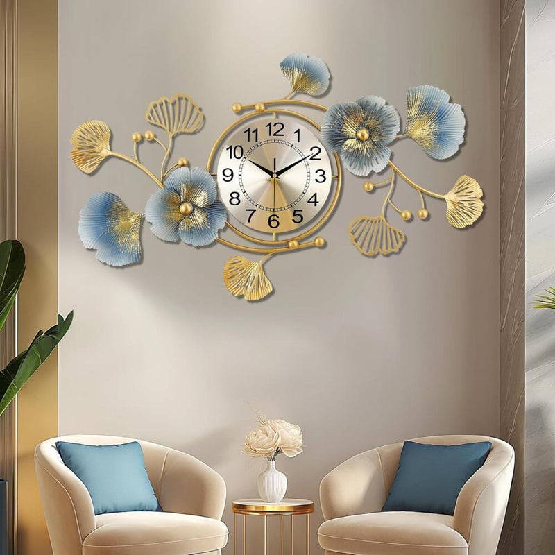 Duży, złoty, metalowy zegar ścienny, cicha dekoracja z miłorzębu japońskiego, nowoczesny, nordycki zegar ścienny, kreatywny design do salonu (83x48cm)