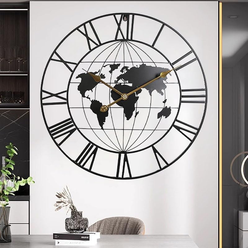 Duży, nowoczesny, minimalistyczny, metalowy zegar ścienny z mapą świata, okrągły, dekoracyjny, zasilany bateriami, do salonu, biura, szkoły (60 cm)