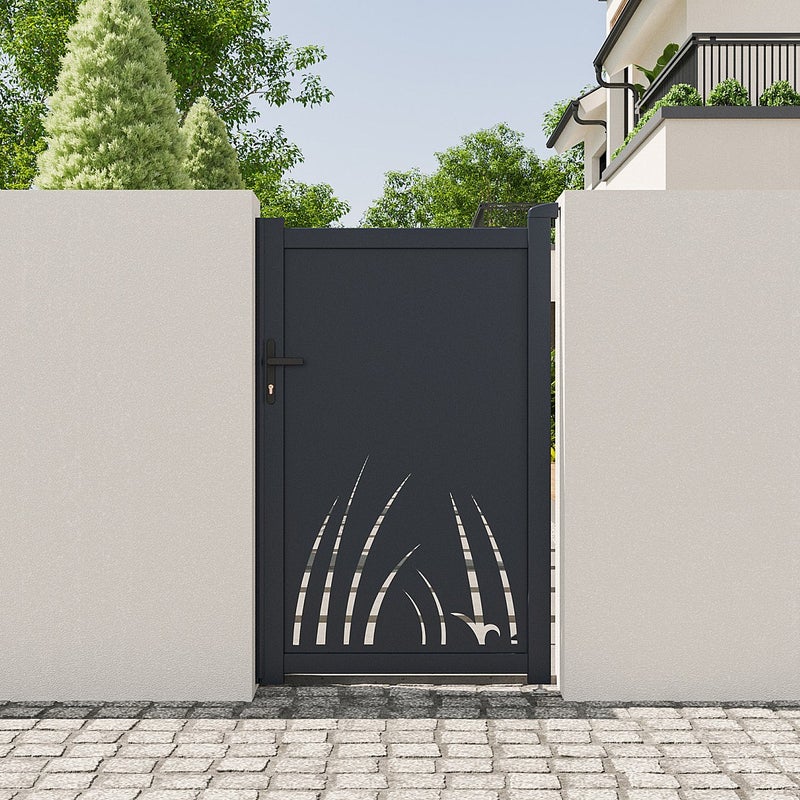 Brama skrzydłowa z aluminium z motywem roślinnym wyciętym laserowo – L103 x H166 cm – antracyt – BRAMENO