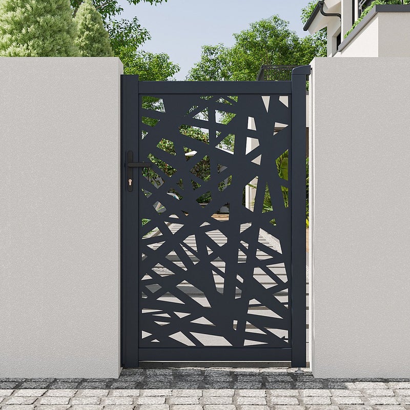 Furtka skrzydłowa z aluminium z motywem geometrycznym wyciętym laserowo – szer. 103 x wys. 166 cm – antracyt – NATAFO