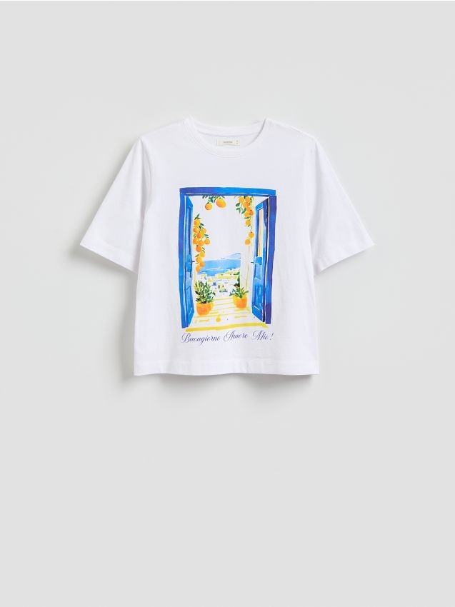 Reserved - Bawełniany t-shirt z nadrukiem - biały