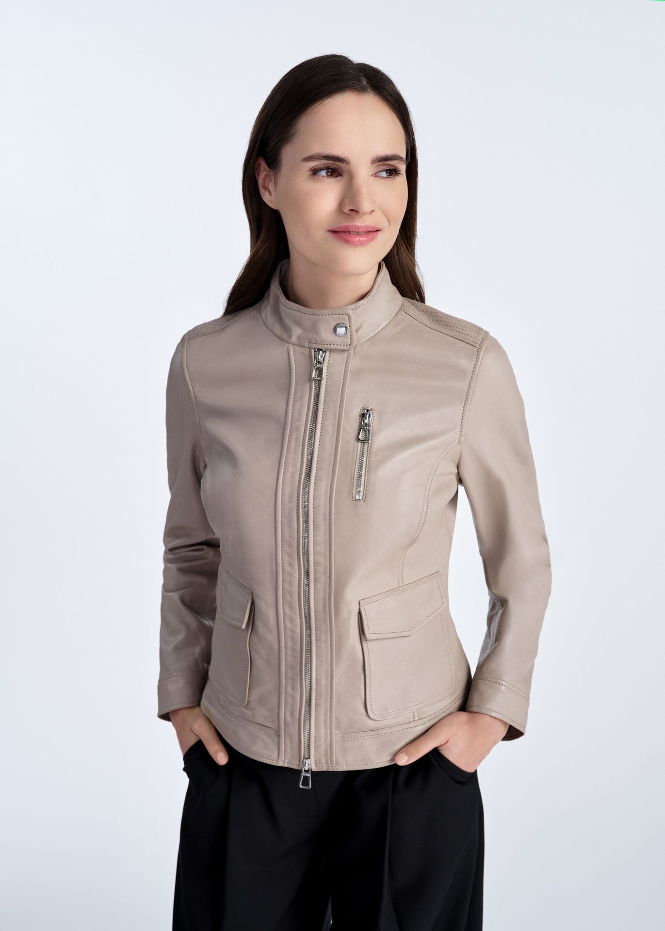 Beżowa skórzana kurtka ramoneska damska