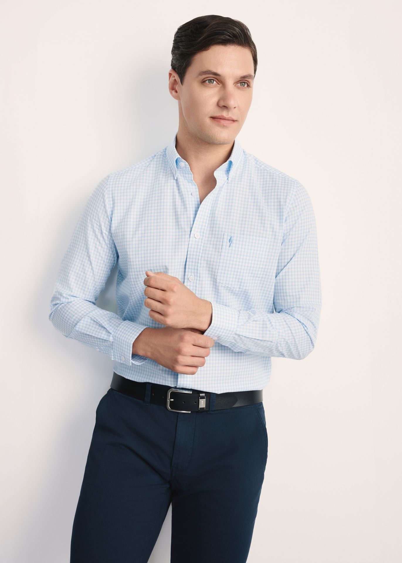 Bawełniana koszula męska w jasnoniebieską kratkę