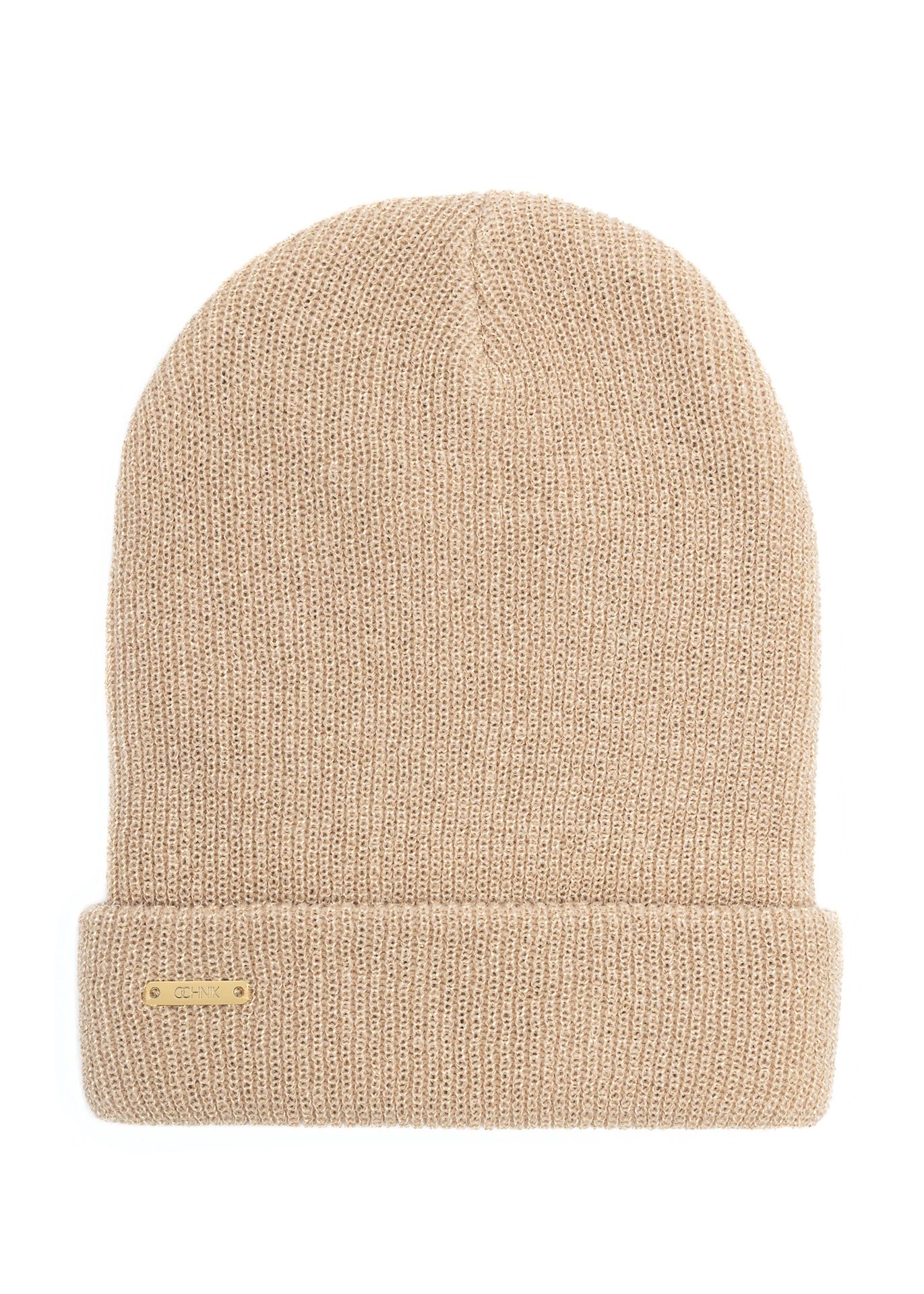 Beżowa czapka damska ze złotą nicią