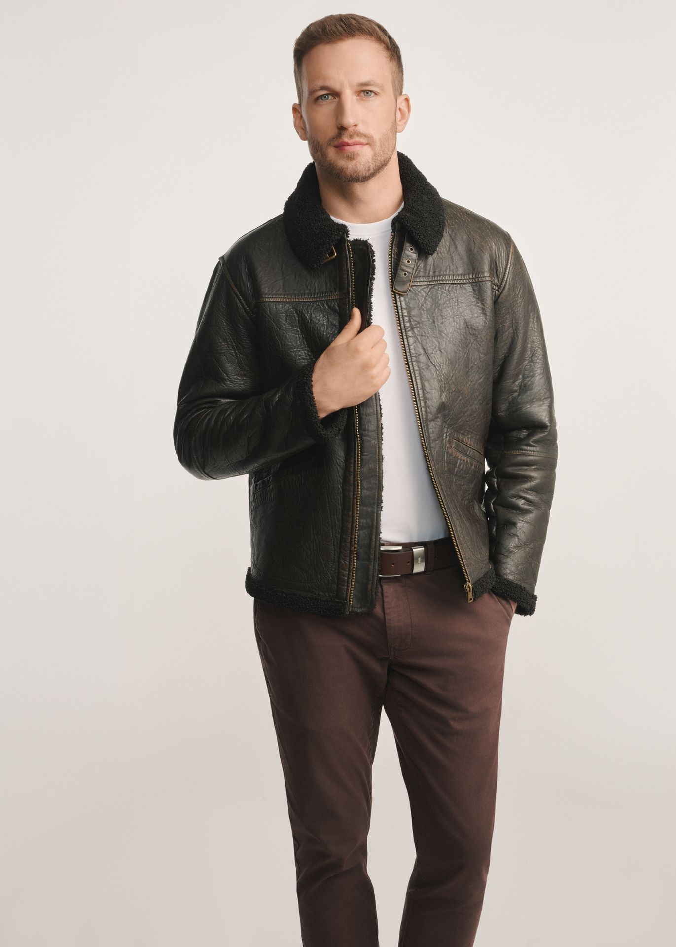 Brązowa skórzana kurtka męska z kożuchem