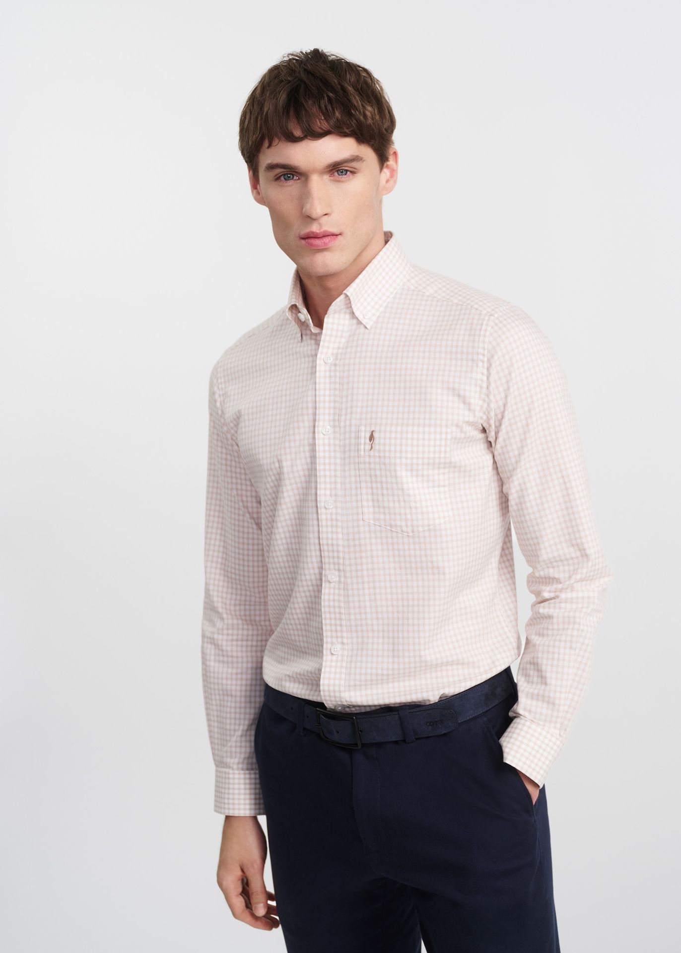 Bawełniana koszula męska w jasnobeżową kratkę