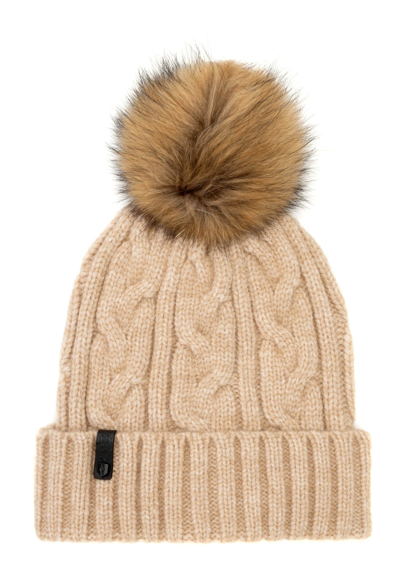 Beżowa czapka damska z futrzanym pomponem