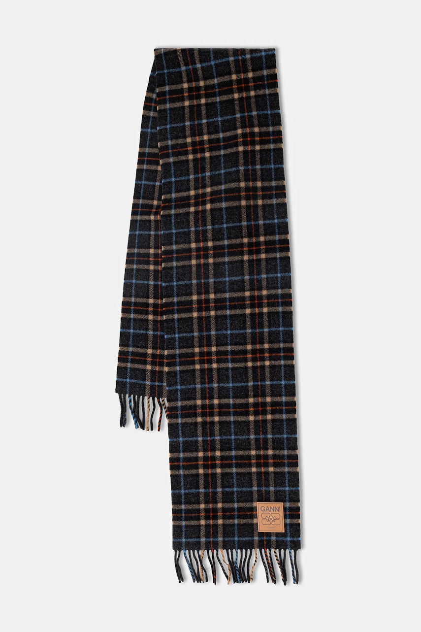 GANNI szalik wełniany Double Face Wool Check