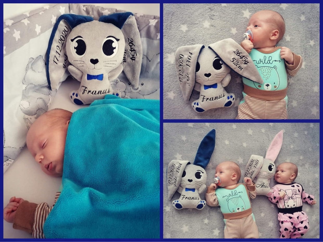 Prezent na roczek dla chłopca króliczek z imieniem i metryczką